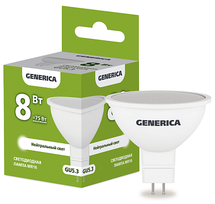 Изображение товара Лампа светодиодная MR16 софит 8Вт 230В 4000К GU5.3 GENERICA