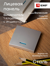 Лицевая панель для выключателя одноклавишного Валенсия с индикацией 10А сталь ESV10-L-121-30 EKF PROxima