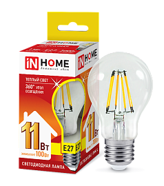 Лампа светодиодная 11Вт LED-A60-deco 230В Е27 3000К 990Лм прозрачная 4690612026121 IN HOME