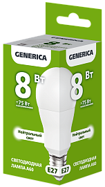 Лампа светодиодная A60 груша 8Вт 230В 4000К E27 GENERICA