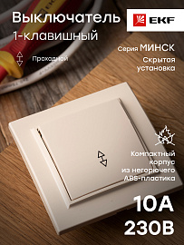 Выключатель одноклавишный Минск скрытой установки проходной 10А бежевый ERV10-025-20 EKF