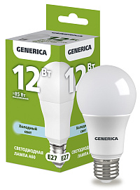 Лампа светодиодная A60 груша 12Вт 230В 6500К E27 GENERICA