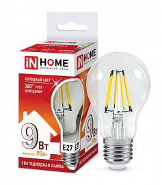 Лампа светодиодная LED-A60-deco 9Вт 230В Е27 6500К 810Лм прозрачная 4690612026107  IN HOME
