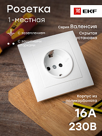 Розетка одинарная Валенсия скрытой установки с заземлением со шторками 16А в сборе белый EWR16-028-10 EKF PROxima