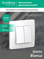 Выключатель двухклавишный BLANCA скрытой установки 6А 250В (cх.5) механизм с накл белый BLNVS006501 Systeme Electric