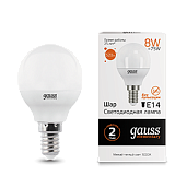 Лампа светодиодная 8 Вт E14 G45 3000K 520Лм LED Шарообразная Elementary 53118 GAUSS