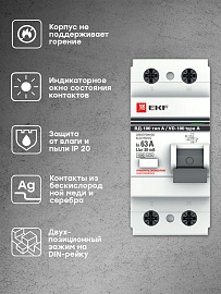 Выключатель дифференциального тока ВДТ (УЗО) 63А 2П двухполюсный 30мА тип A электромеханическое ВД-100 PROxima elcb-2-63-30-e-a-pro EKF