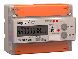 Счетчик электроэнергии однофазный многотарифный (2 тарифа) Милур 107.22R-1L-D 5-80А 230В 1/2 RS-485 DIN ЖКИ Милур (электросчетчик)