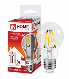 Лампа светодиодная LED-A60-deco 11Вт 230В Е27 6500К 990Лм прозрачная 4690612026169  IN HOME